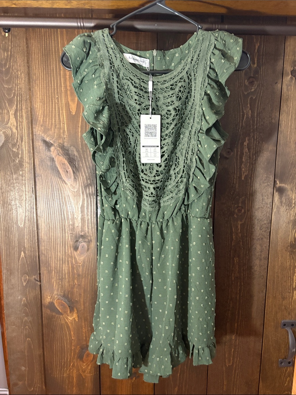 NEW Angashion Women’s Olive Green-Crochet Ruffle Romper – Size Small – Boho